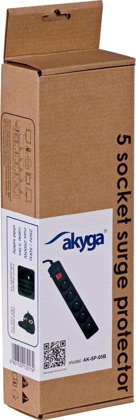 Akyga AK- SP-05B Protection contre les surtensions 5 sortie (s) CA 250 V 3 m Zwart