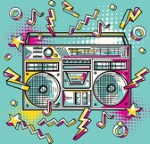 Schilderij - Boombox, retro, groen, geel, roze ,3 maten , Wanddecoratie