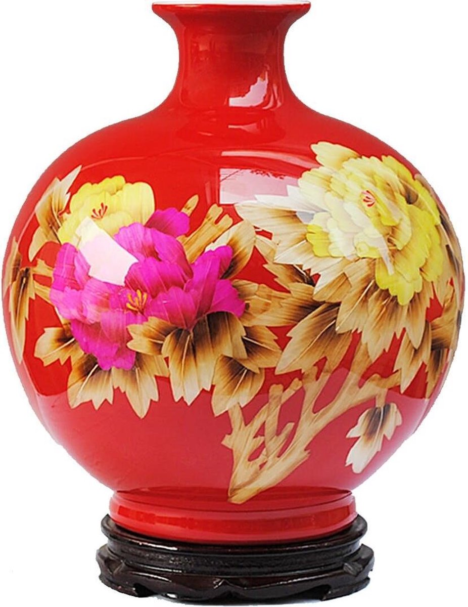 Fine Asianliving Chinese Vaas Porselein Handgemaakt Pioenrozen Rood H29.5cm