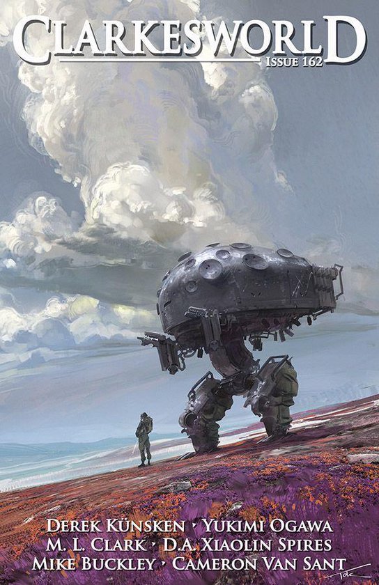Clarkesworld Magazine Issue 162 met een reusachtige robot en een figuur op een rood gekleurde ondergrond.