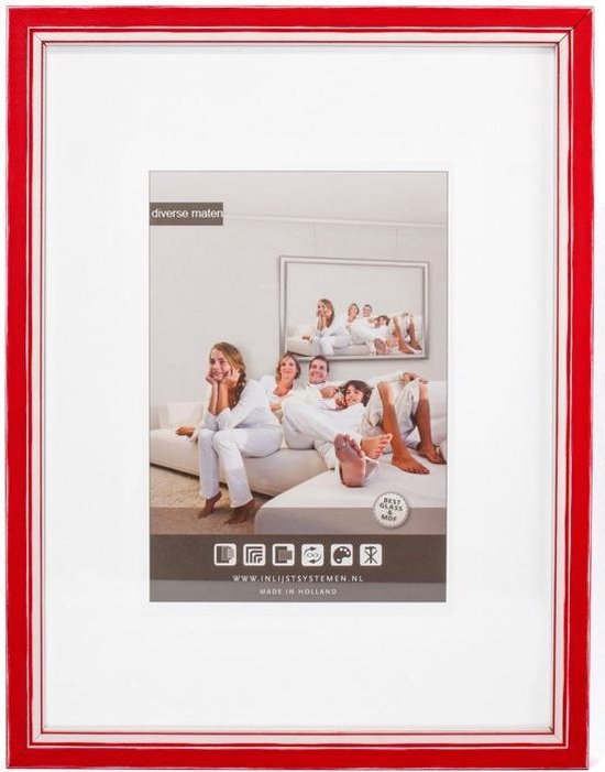 3D Houten Wissellijst - Fotolijst - 62x93 cm - Helder Glas - Rood / Wit met Spacer