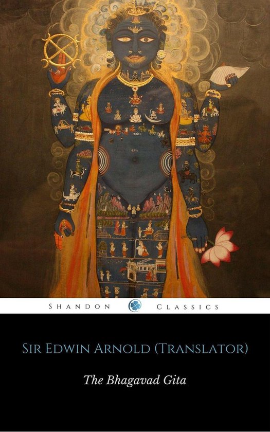 Boekomslag van The Bhagavad Gita met een blauw figuur met meerdere armen, lotussen en miniatuurafbeeldingen.