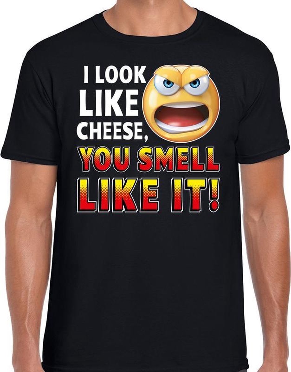 Afbeelding van product Bellatio Decorations  Funny emoticon t-shirt I look like cheese you smell like it zwart voor heren - Fun / cadeau shirt S  - maat S