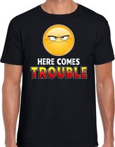 Funny emoticon t-shirt Here comes trouble zwart heren S