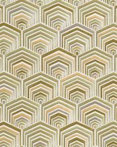 Etnisch behang Profhome DE120046-DI vliesbehang hardvinyl warmdruk in reliëf gestempeld met geometrische vormen glimmend groen goud crèmewit 5,33 m2