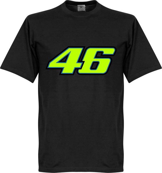 Zwart t-shirt met op de voorkant het cijfer 46 in neongeel met een blauwe rand.
