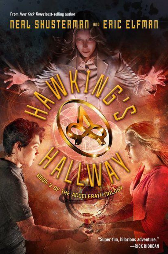 Boekcover 'Hawking's Hallway', boek 3 van de Accelerati trilogie, met Neal Shusterman en Eric Elfman. Mannen en een vrouw met uitgestrekte armen.