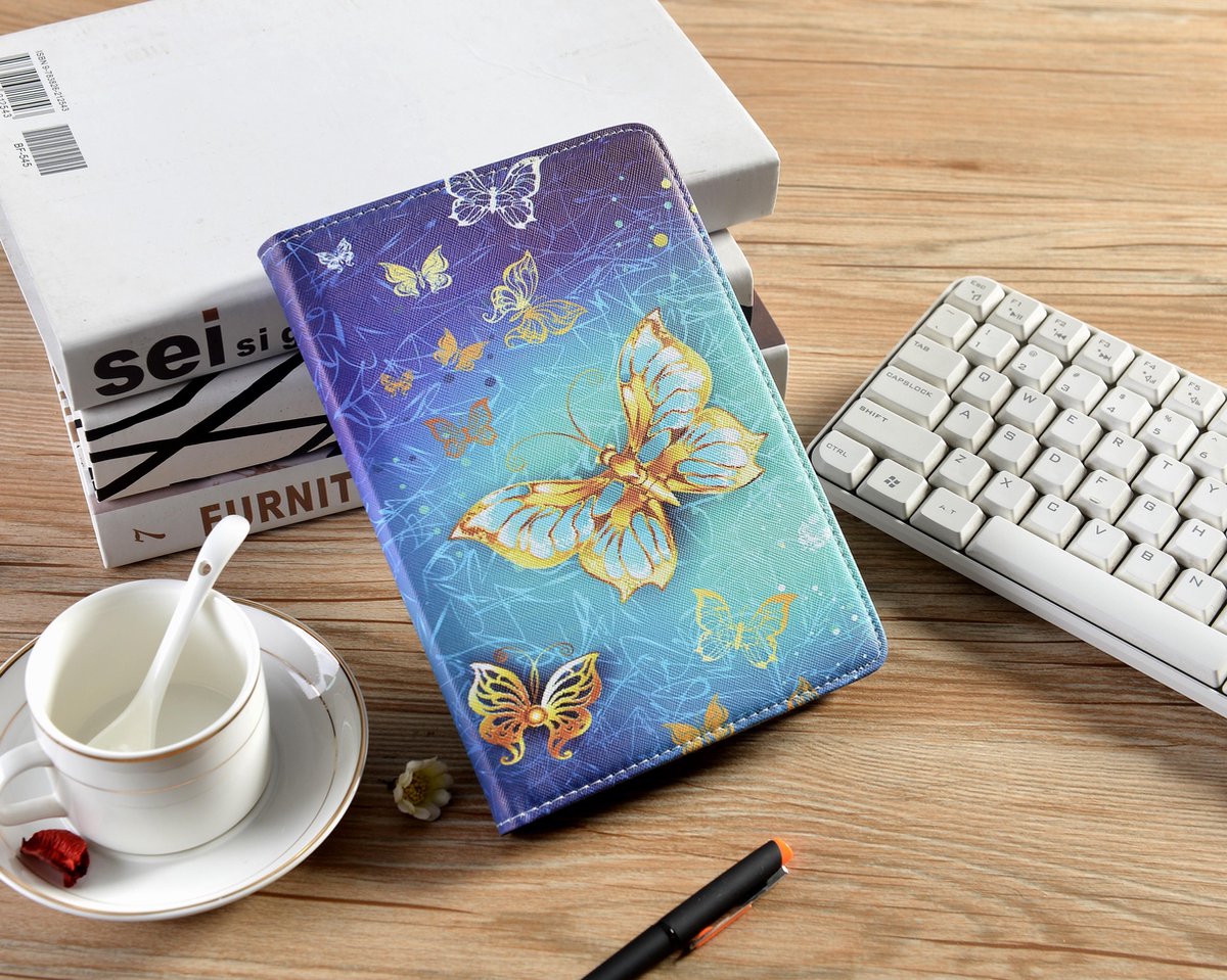 P.C.K. Hoesje/Boekhoesje/Bookcover/Bookcase/Book draaibaar blauwe vlinder print geschikt voor 8 inch Tablets universeel MET GLASFOLIE/TEMPEREDD GLASS
