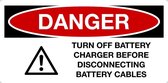 Sticker 'Danger: Turn off charger before disconnecting battery cables' 150 x 75 mm