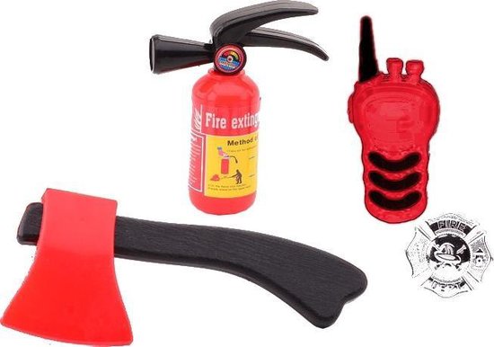 Brandweerset Rood - 4-delig - Brandblusser - Hamer - Walkie Talkie - Badge