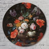 Muurcirkel ⌀ 90 cm - Stilleven met bloemen en een horloge – Abraham mignon - Kunststof Forex - Bloemen en Planten - Rond Schilderij - Wandcirkel - Wanddecoratie