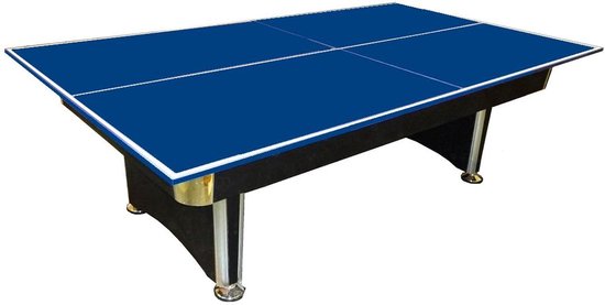 Een blauwe tafeltennistafel met zwarte poten en gouden details.