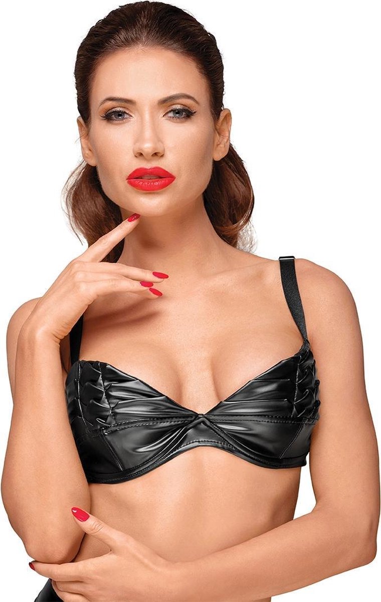 Wetlook bra with handmade pleats - Black