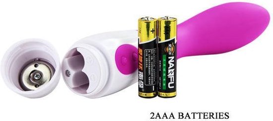 Vibrateur violet avec manche blanc, couvercle ouvert montrant l'emplacement pour 2 piles AAA et deux piles AA.