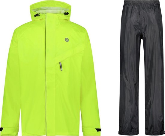 Ensemble d'un imperméable jaune fluo et d'un pantalon de pluie noir, avant. AGU.