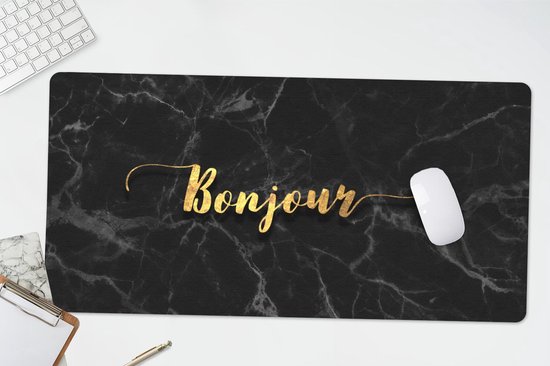 Bureau onderlegger 80x40 cm - Muismat Quote - Bonjour - Goud - Marmer print - Bureaulegger xl - Desk mat beschermer - Computer muismatten