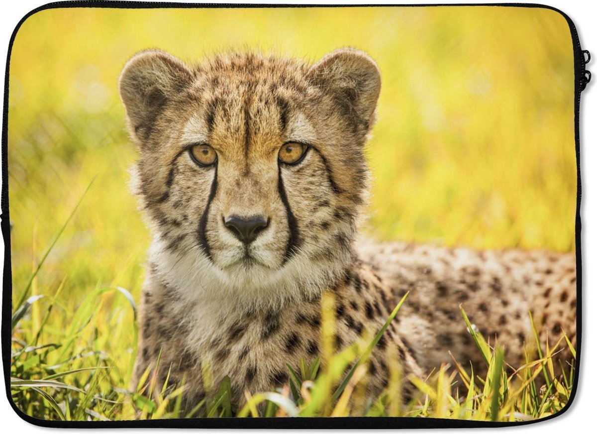 Laptophoes 13 inch - Luipaard - Gras - Cheeta - Laptop sleeve - Binnenmaat 32x22,5 cm - Zwarte achterkant