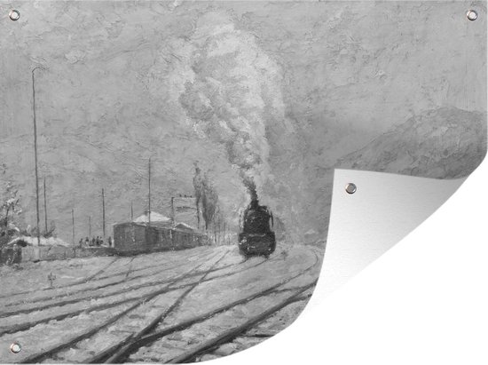 Muurdecoratie buiten Olieverf schilderij van een locomotief in de winter - zwart wit - 160x120 cm - Tuindoek - Buitenposter
