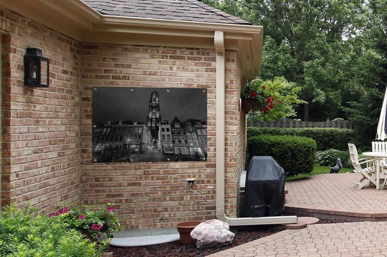 Tuinposter 120x80 cm - Tuindecoratie Verlichte Domtoren van Utrecht - zwart wit - Poster voor in de tuin - Buiten decoratie - Schutting tuinschilderij - Tuindoek muurdecoratie - Wanddecoratie balkondoek