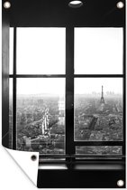 Tuinposters buiten Uitzicht op de Eiffeltoren en Parijs - zwart wit - 60x90 cm - Tuindoek - Buitenposter