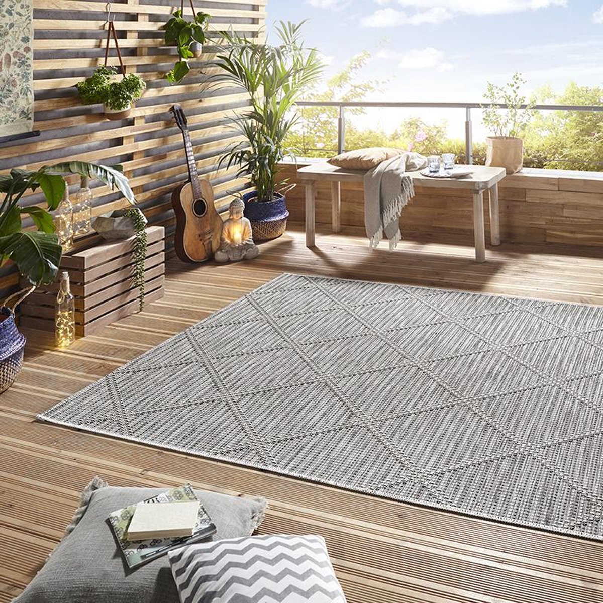 Elle Decoration buiten vloerkleed ruiten Yonne - crème/grijs 115x170 cm