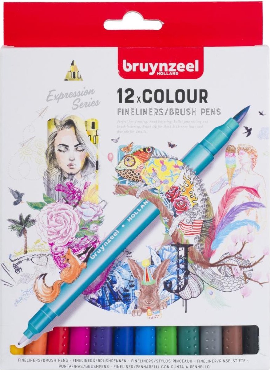 Bruynzeel Creatives Fineliner / Brushpen set 12 kleuren