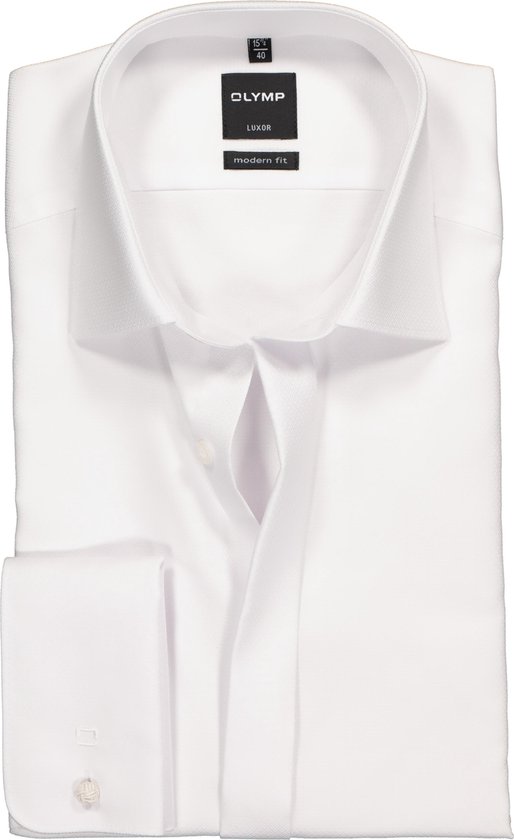 OLYMP Luxor modern fit overhemd - smoking overhemd - wit - structuur stof met Kent kraag - Strijkvrij - Boordmaat: 39