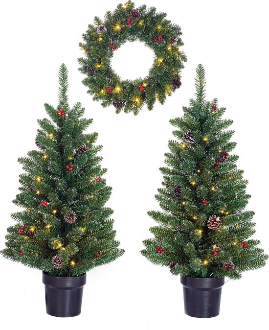 Foto: Black box trees creston set van 2 kerstbomen en 1 krans met led verlichting groen