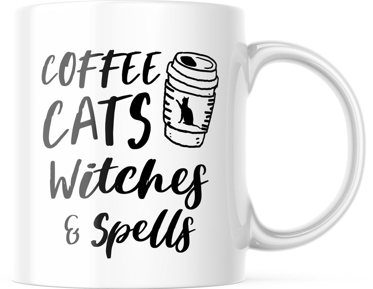 Halloween Mok met tekst: Coffee, Cats, Witches & Spells | Halloween Decoratie | Grappige Cadeaus | Koffiemok | Koffiebeker | Theemok | Theebeker