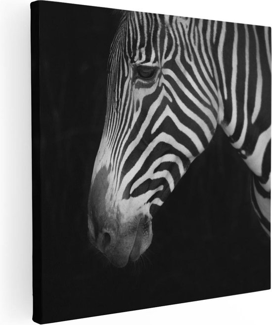 Artaza Canvas Schilderij Zebra Kop Vanaf De Zijkant - Zwart Wit - 60x60 - Foto Op Canvas - Canvas Print