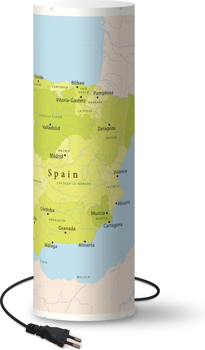 Lamp - Nachtlampje - Tafellamp slaapkamer - Illustratie van een kaart met Spanje in het groen - 50 cm hoog - Ø15.9 cm - Inclusief LED lamp