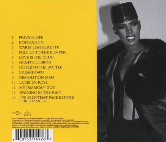 Grace Jones draagt een zwarte bontjas, met een zwarte hoed. Tracklist links.