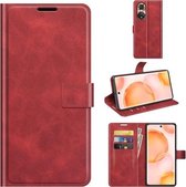 Retro Kalf Patroon Gesp Kaart Portemonnee Links en Rechts Flip Telefoon Holster Met Beugel Functie Voor Honor 50 (Rood)