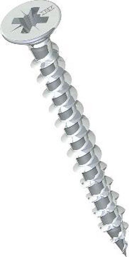 Een verzinkte schroef met een plat verzonken kop en scherpe schroefdraad. De kop heeft een Pozidriv PZ-3 kruiskop.
