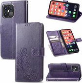 Voor iPhone 13 Pro Klavertje vier Sluiting Reliëf Gesp Mobiele Telefoon Bescherming Lederen Case met Lanyard & Card Slot & Portemonnee & Beugel Functie (Paars)