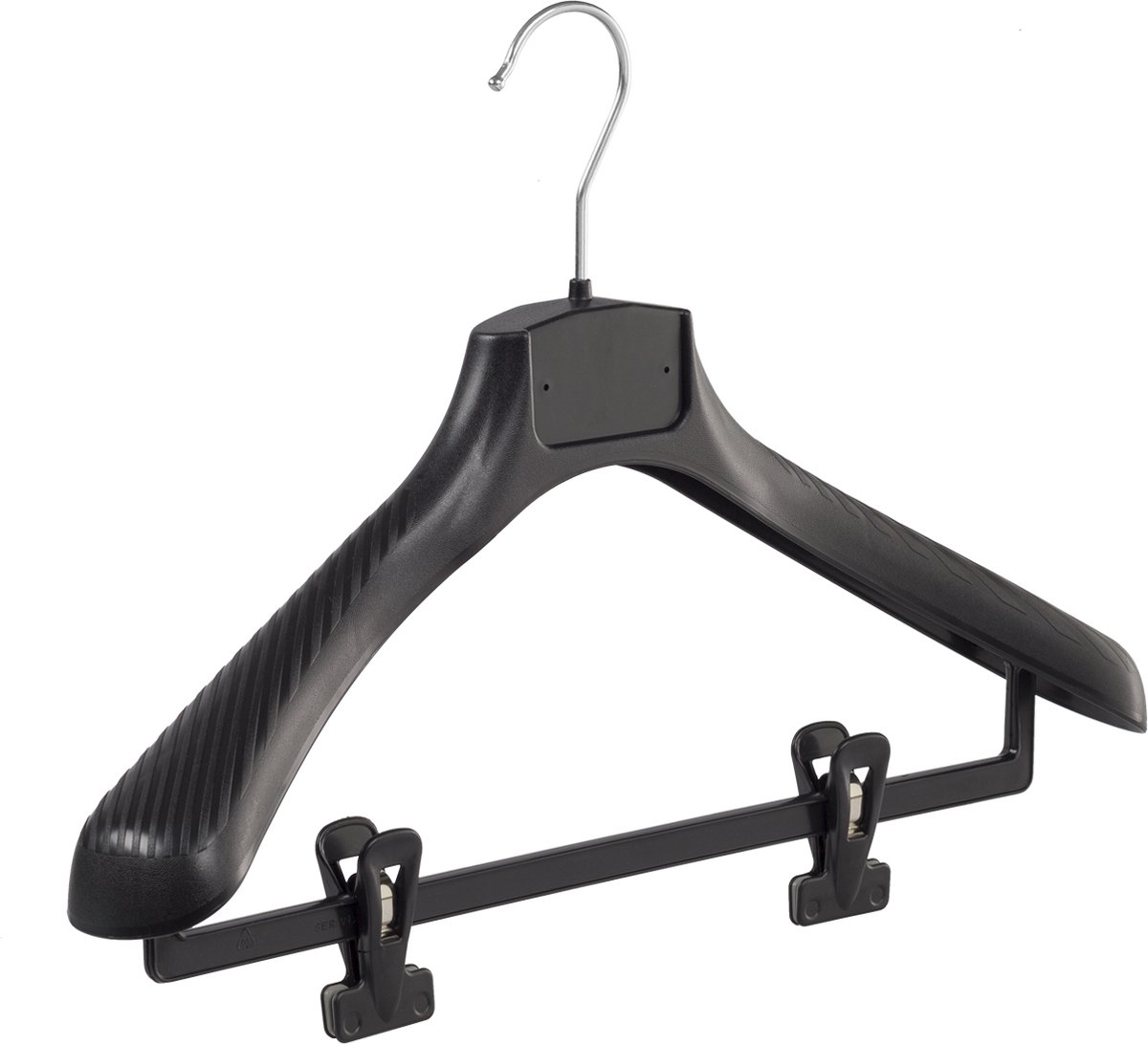De Kledinghanger Gigant - 10 x Mantelhanger / kostuumhanger kunststof zwart met schouderverbreding en anti-slip knijpers, 42 cm