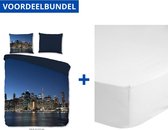 Luxe Dekbedovertrek Tweepersoons - Lits Jumeaux - 240x200/220cm - Inclusief 2 Kussenslopen - 100% Zacht Microvezel - Blauw New York + Zachte Katoenen Hoeslaken -160x200cm - Wit