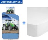 Dekbedovertrek voor Kinderen - Eenpersoons - 140x200/220cm - Inclusief 1 Kussensloop - 100% Versterkt Katoen - Strong Groen - Traktor + Zachte Katoenen Hoeslaken - 100x200cm - Wit