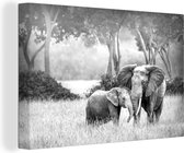 Canvas Schilderij Baby olifant met haar moeder in zwart-wit - zwart wit - 120x80 cm - Wanddecoratie