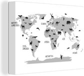 Canvas Wereldkaart - 120x90 - Wanddecoratie Kinder Wereldkaart Dieren - zwart wit