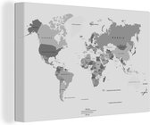 Canvas Wereldkaart - 150x100 - Wanddecoratie Wereldkaart op een lichtgrijze achtergrond - zwart wit