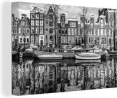 Canvas Schilderij Kanaal in Amsterdam - zwart wit - 60x40 cm - Wanddecoratie
