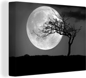 Tableau sur toile Silhouette d'un arbre devant la pleine lune dans le ciel - noir et blanc - 120x90 cm - Décoration murale Art