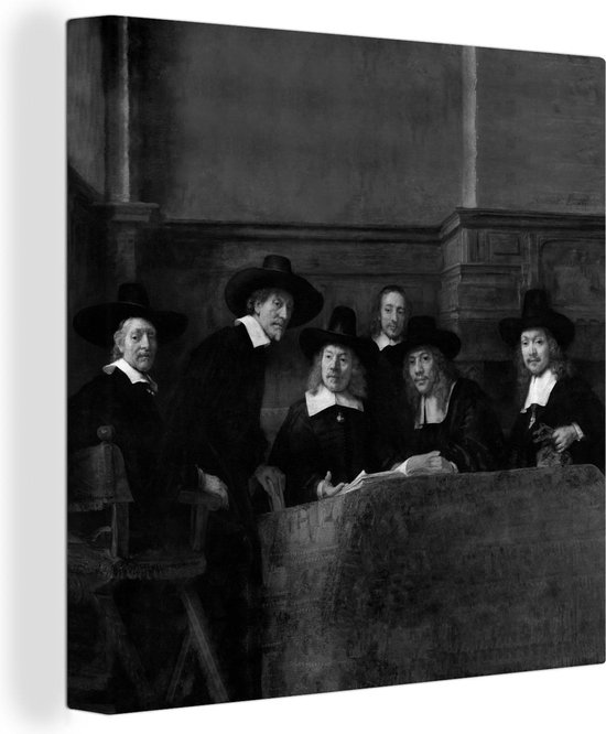 Canvas Schilderij De staalmeesters - Schilderij van Rembrandt van Rijn - zwart wit - Wanddecoratie