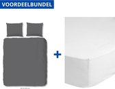 Luxe Dekbedovertrek Tweepersoons - Lits Jumeaux - 240x200/220cm - Inclusief 2 Kussenslopen - 100% Zacht Katoensatijn - Grijs + Zachte Katoenen Hoeslaken -160x200cm - Wit