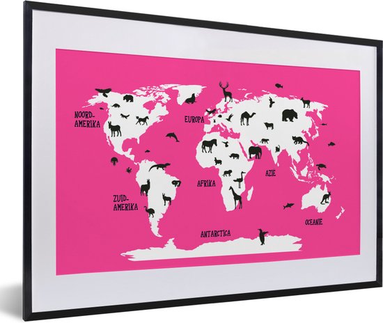 Roze met witte wereldkaart met bijbehorende dieren fotolijst zwart met witte passe-partout 60x40 cm