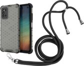 Voor Samsung Galaxy F52 5G Schokbestendig Honingraat PC + TPU Case met Nekkoord (Zwart)