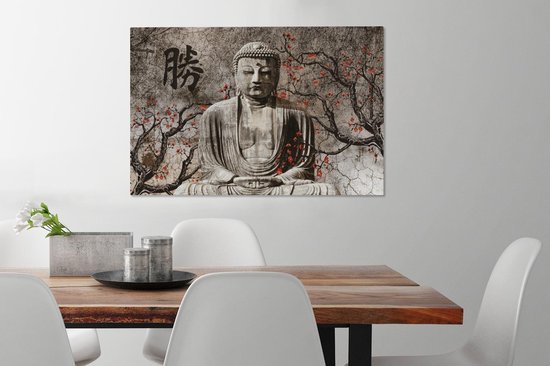 Peintures sur toile Bouddha - Statue - Arbre - 90x60 cm - Décoration murale