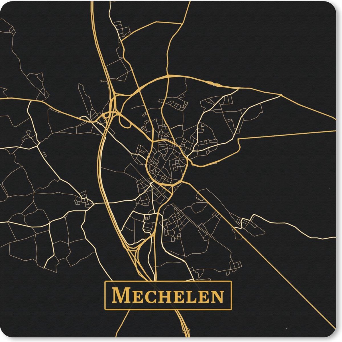 Muismat 20x20 cm - Mousepad Kaart - Mechelen - Goud - Zwart - Muismatten