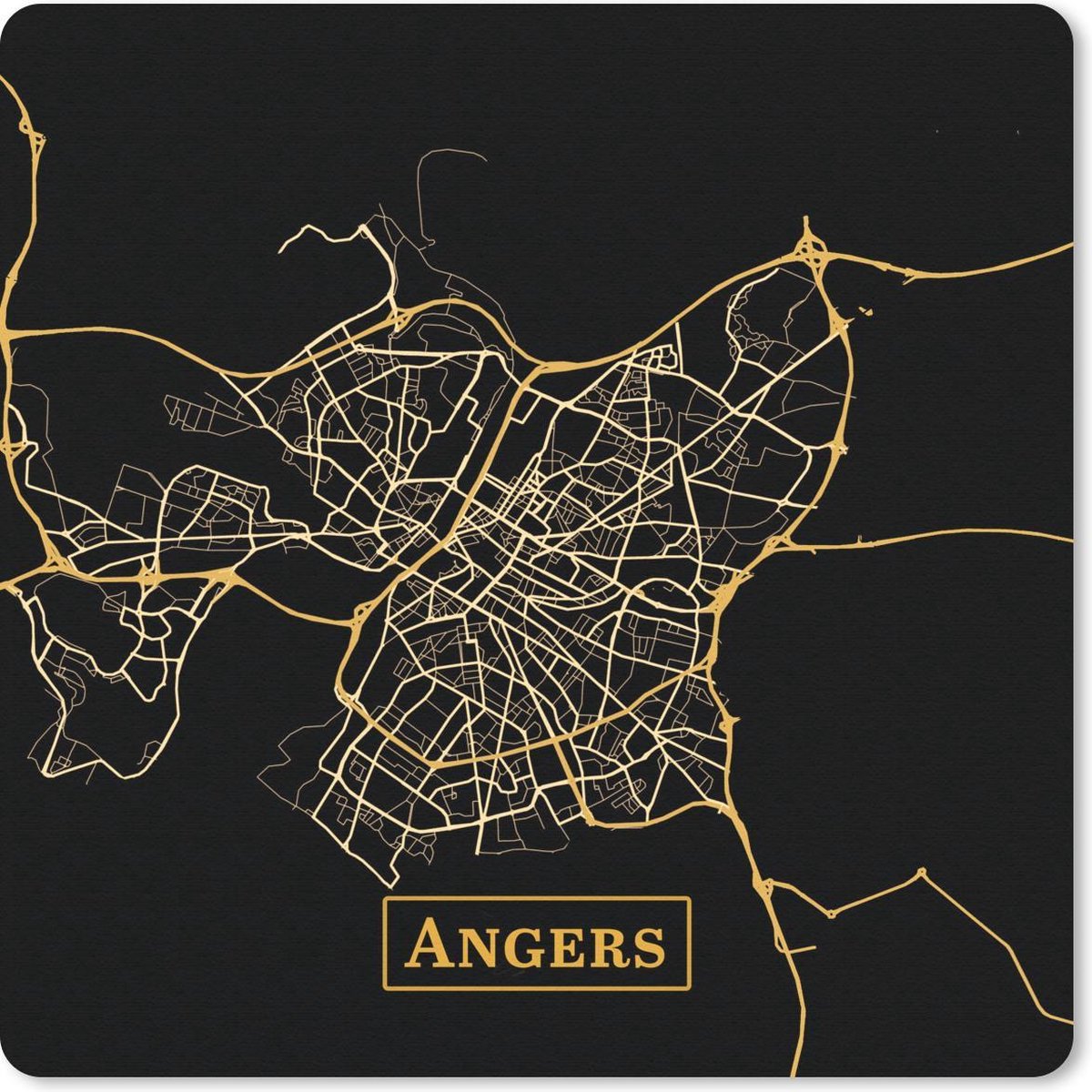 Muismat 30x30 cm - Mousepad Kaart - Angers - Goud - Zwart - Muismatten